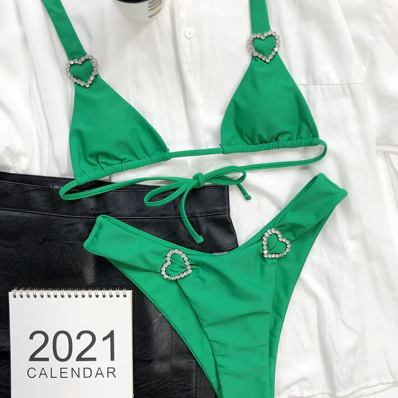 ホットセール 裏地なし クリスタルハート水着 グリーン水着 セパレート