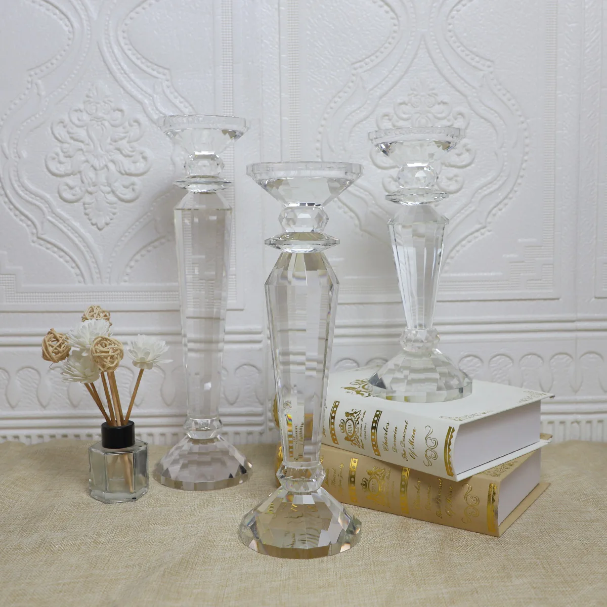 Wholesale crystal clear candle glass candlestick light craft holders party decoration supplier