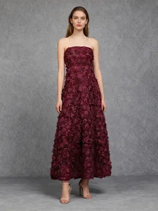 Bettergirl 2026 Ramadan Wine red three-dimensional floral decoration strapless long dress