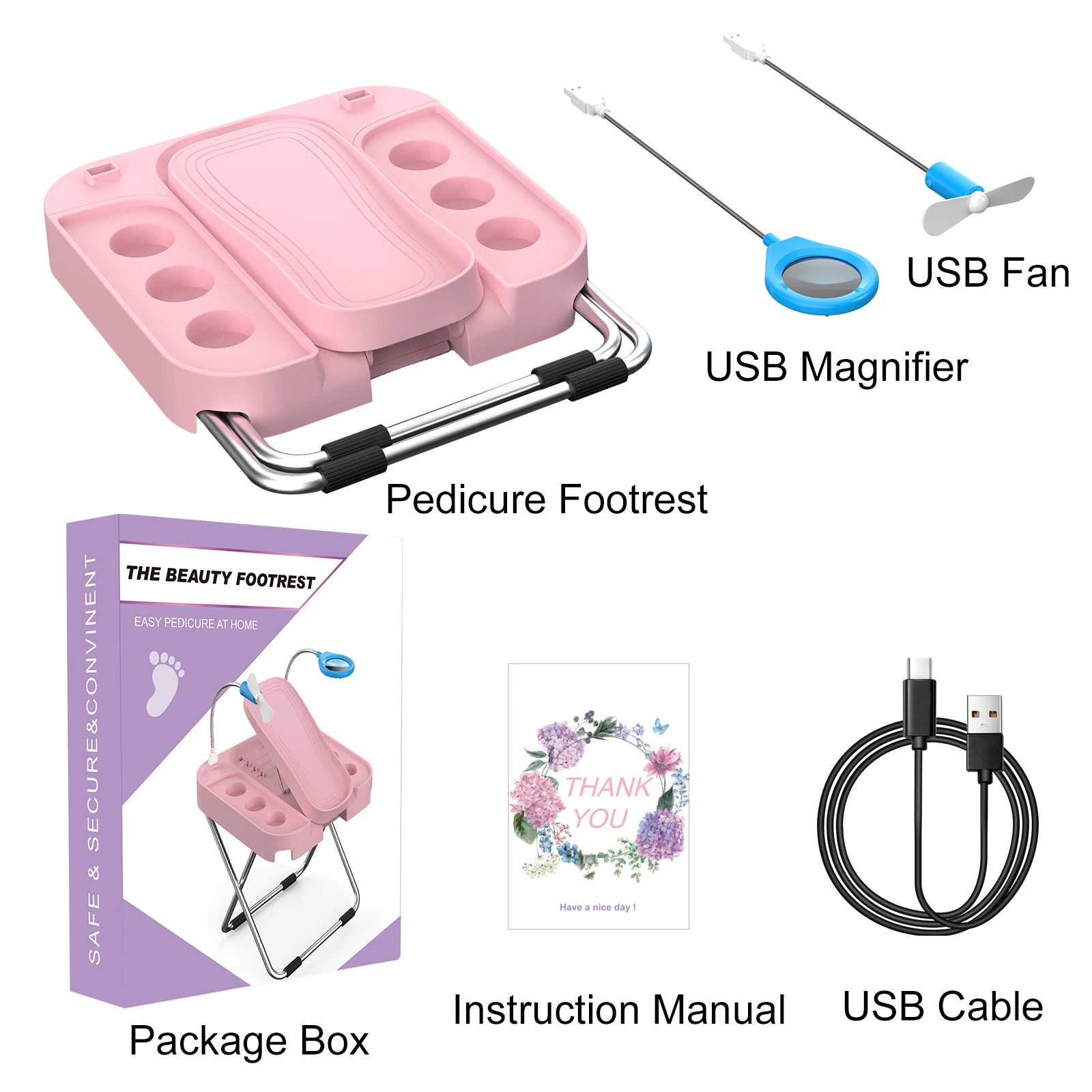 The Beauty Footrest for Easy At-Home Pedicures, No More Bending With LED Magnifier Fan Non-Slip Sturdy Legs & Built-in Storage