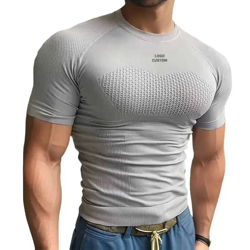 T-Shirt Mampatan Cepat Kering Disesuaikan, T-Shirt Sukan untuk Lari, Gimnasium dan Kebugaran Lelaki, Elastik Berlengan Pendek untuk Latihan
