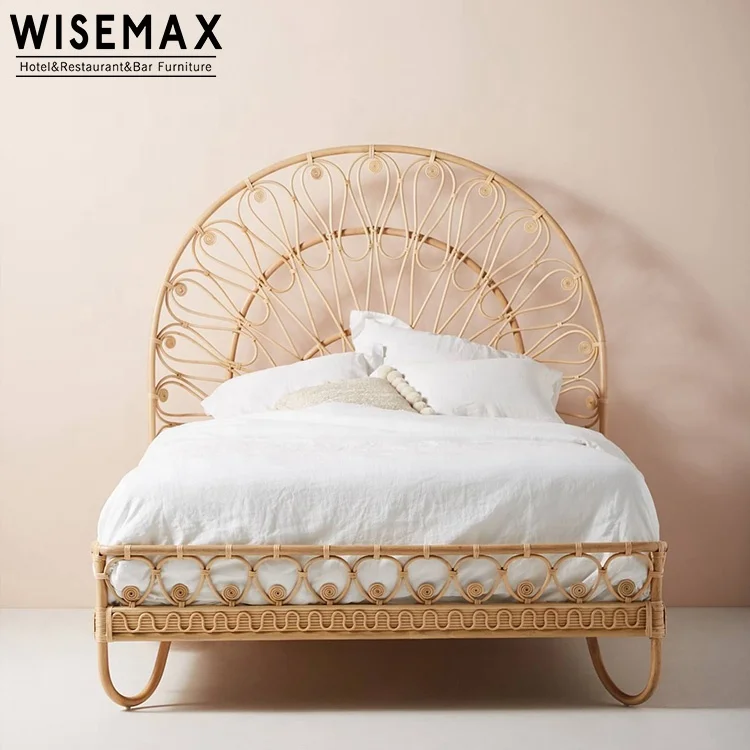 WISEMAX FURNITURE Nature Simple Style King Bed Room Furniture Rattan Wooden Bed Design Bedroom Set Furniture