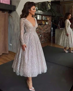 2019 Cheap Long Sleeve A Line Party Dresses Sequined Strips V Neck Ankle Length Prom Even Dresses Casual Wear Midi Dress