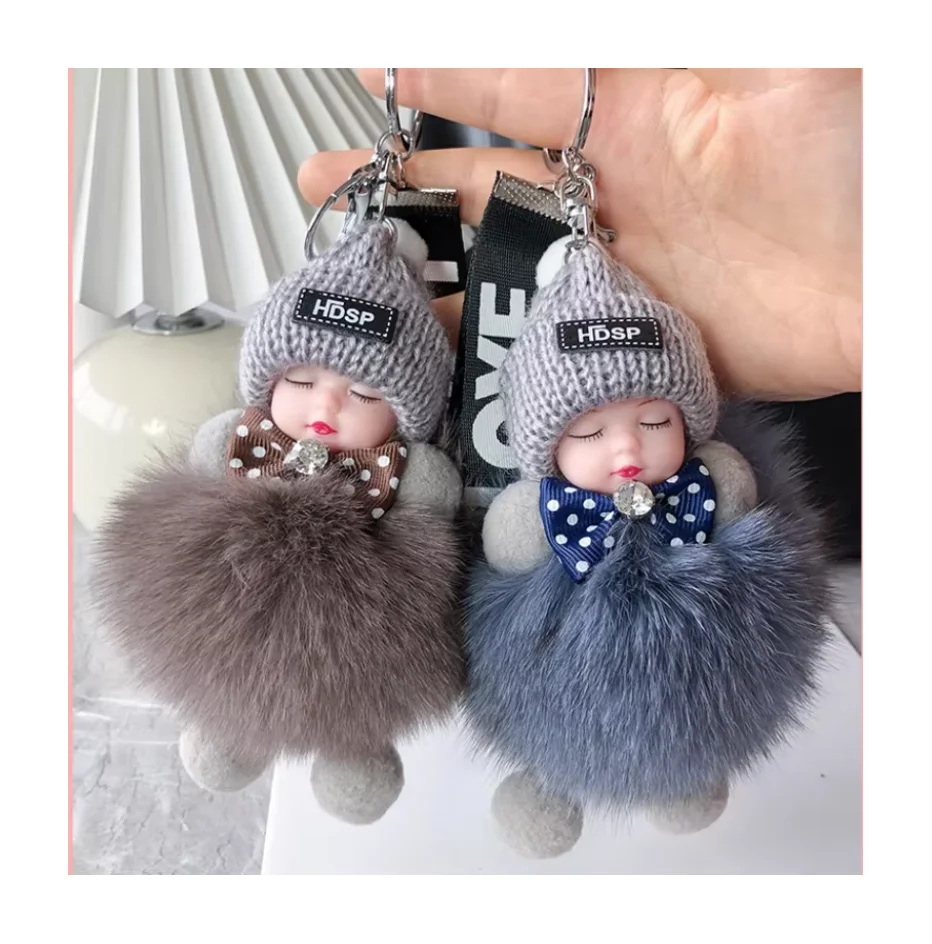 Sweet Cute Sleeping Baby Doll Keychain Pom Pom Rabbit Fur
