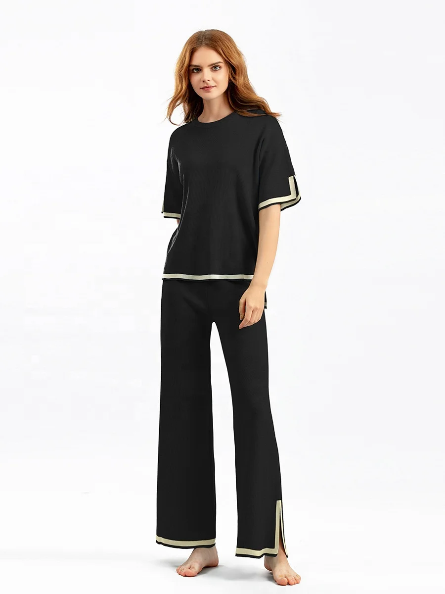 2024 Wholesale Temperament Contrast Color Split Short Sleeve Sweater High Wais Slimming Wide Leg Long Pants Two Pieces Set