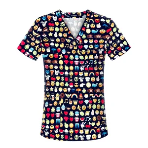 Unisex Summer Scrubs Medical Uniforms Beauty Salon Nursing Short Sleeve V-Neck Design Cartoon Print Woven uniforme de enfermera