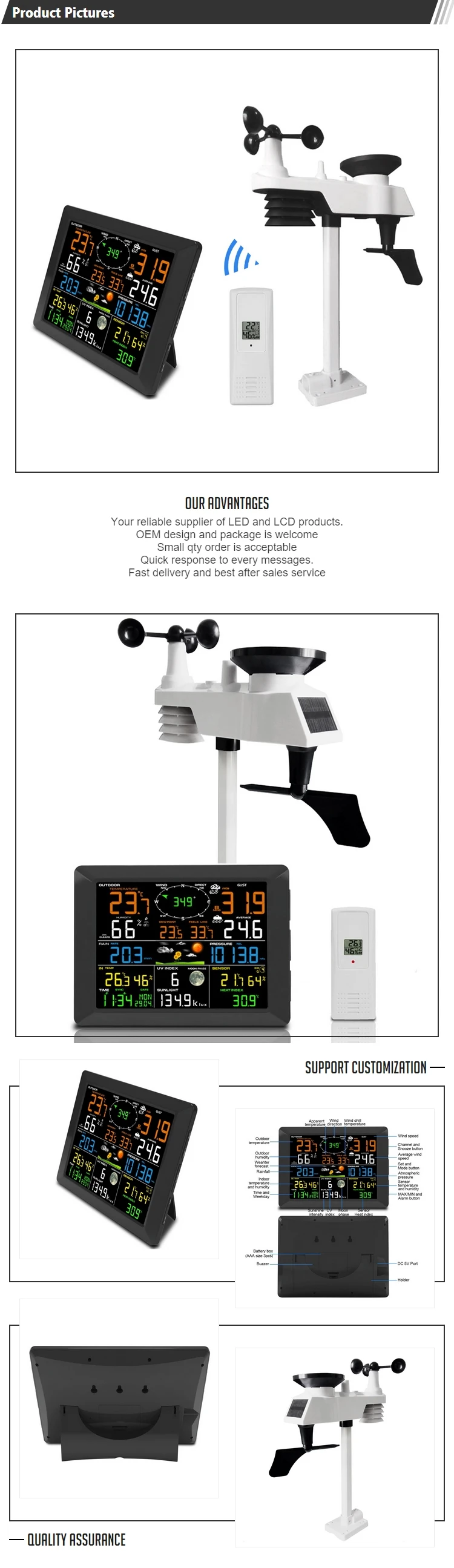 OEM Manufacturer Home Weather station with 7 in 1 Integrated thermo-hygro,  Wind, Rain, UV and Sunlight Sensor