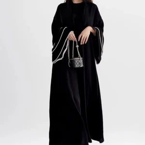 New Middle Eastern Muslim Cardigan Black Robe Long Sleeve Stitching Beads Fashion Coat Dress
