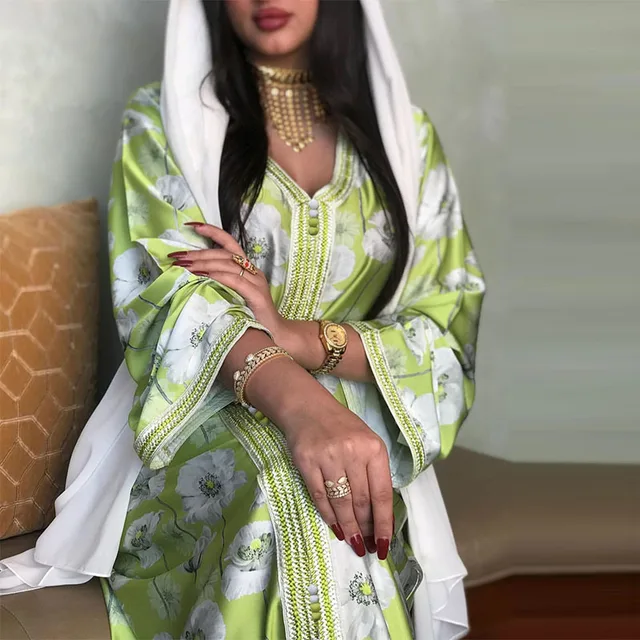Latest Design Green Floral Printing Islamic Dresses for Women Hijab Abaya Set