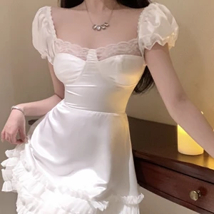 Woman's Satin Elegant Medieval Retro Mini Dress Corset Top Mini Skirt Y2K 2 Piece Sets Women Outfit Sexy Crop Lace Bandage Dress