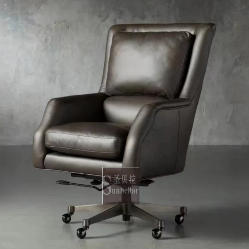 Retro Vintage Dark Genuine Leather Desk Chair Swivel Executive Leather Chair Home Office Furniture boss Chair - Image 6