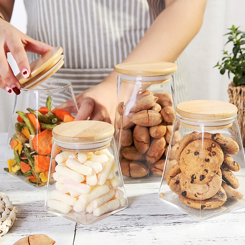 Wholesale Transparent square Sealed Glass Storage Jar with Bamboo Lid