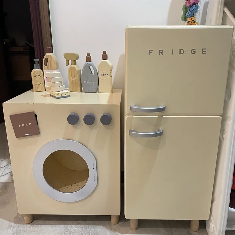 New Customize 3 Piece Set Educational Toy Pretend Play Wooden Children Kitchen Toy Set Refrigerator Washing Machine Toys Set