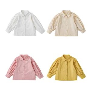 YOEHYAUL C2000 Wholesale 100% Cotton Girls Clothing Solid Lantern Sleeve Little Girls Shirt Sweet Kids Shirts for Girl