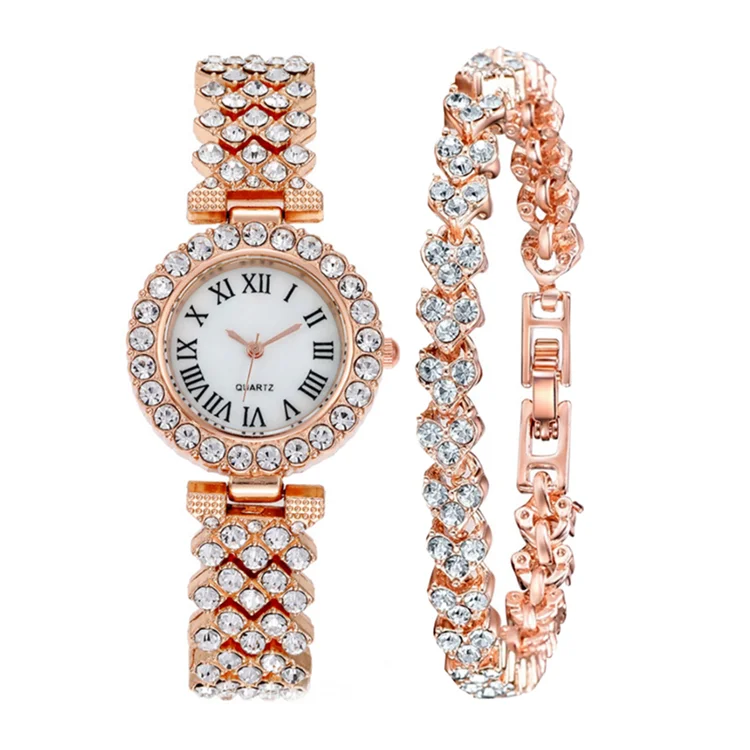 2 Pieces Set Rose Gold Watch For Girls Fashion Full Diamond Alloy