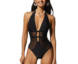 JYJ Women's One Piece Plunging Halter Swimsuit Plus Size Bathing Suit With Mesh Monokini Style Beachwear Printed Swimwear