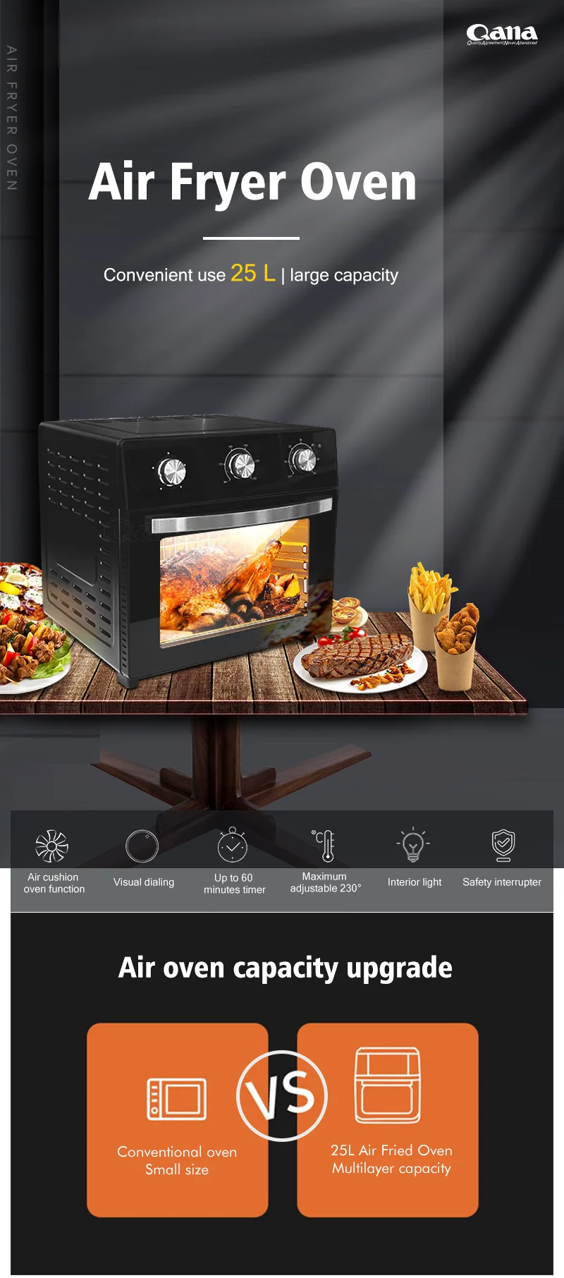 Qana Factory Price 25l Healthy Digit Electric Oven Air Fryer Freidora