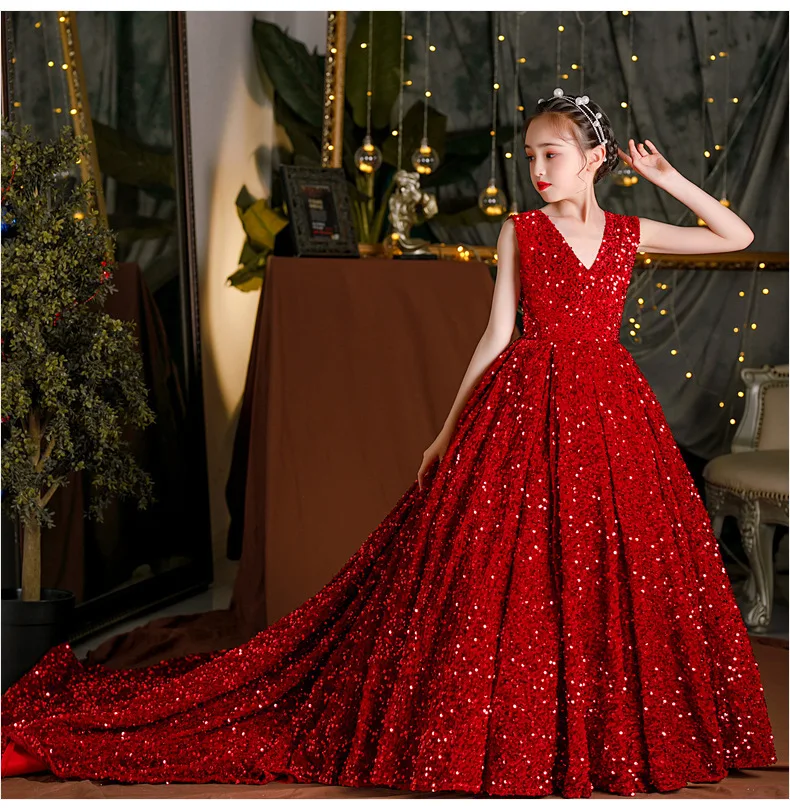 European New Design Girls' Wedding Dresses Sequin Flower Girl Red Tail Dress