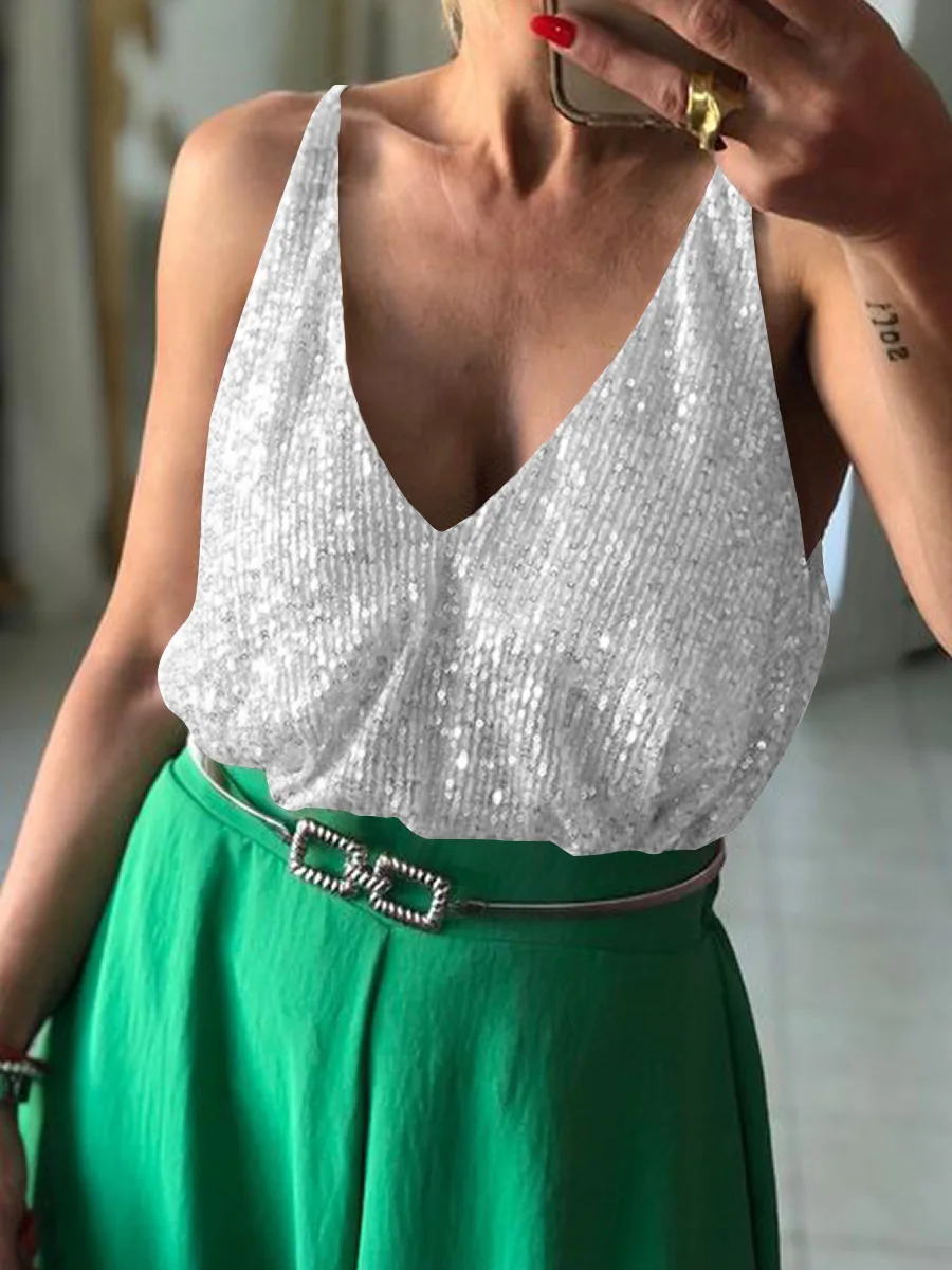 GMD women's clothing sequin deep V Front and back casual top wear sexy hot girl