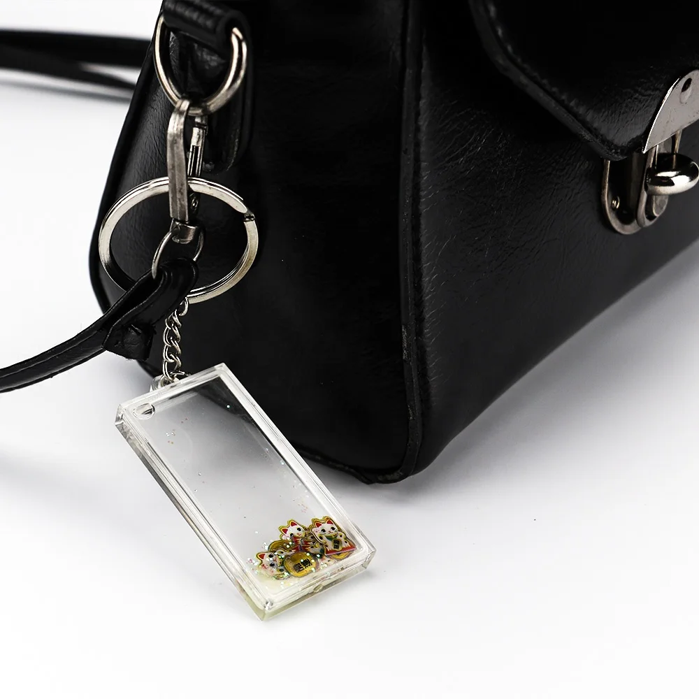 Custom Rectangle Empty DIY Acrylic Quicksand Floating Liquid Filled Oil Flower Water Sea Sand Glitter Snow Powder Name Keychain