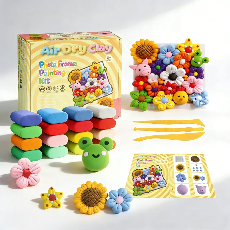 植物テーマの空気乾燥粘土DIY写真立てクラフトキット、無毒・オーブン不要・子供安全・カスタマイズ可能・教育用クラフトギフト（3歳以上対象）