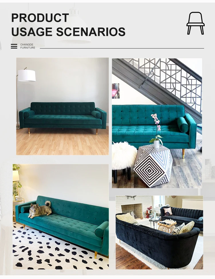 Changde Mid-Century Modern Design Settee Sofa for Living Room Metal Legs Easy Assembly Velvet Surface Couch