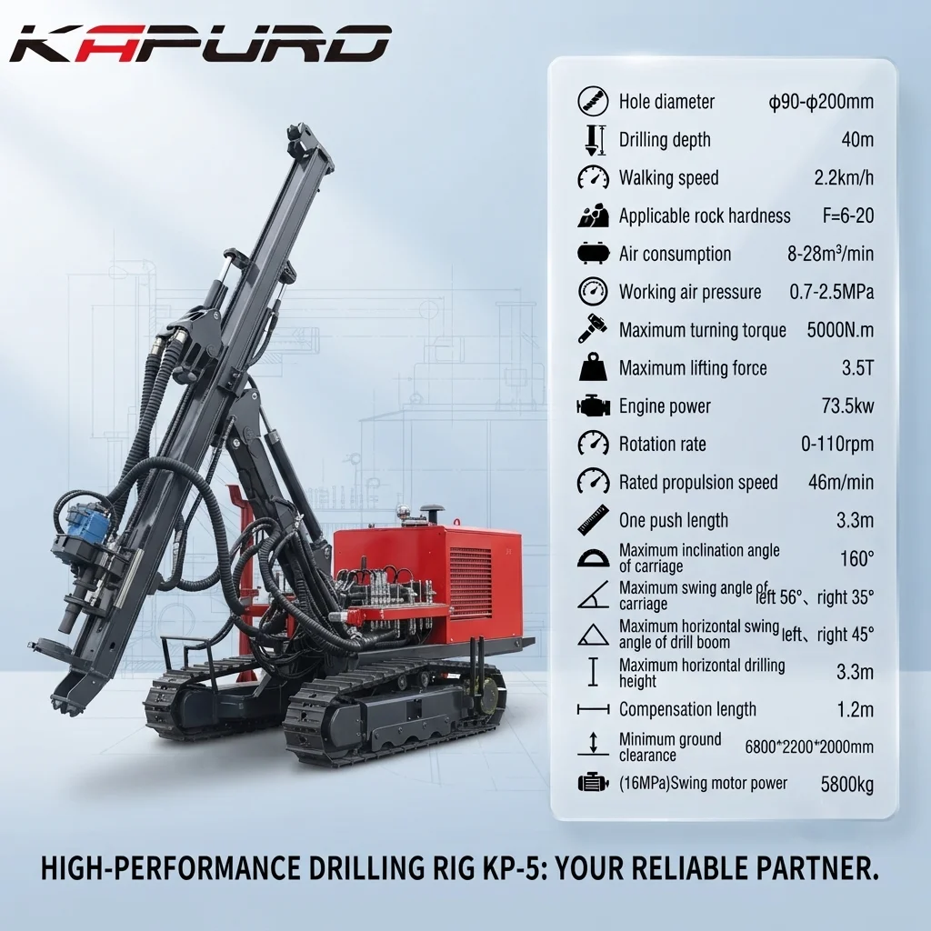 KP-5 Hydraulic Rock Drill Rig Applicable for F=6-20 Hardness with 3.3m Propulsion Length Diesel Powered Crawler Drilling Machine