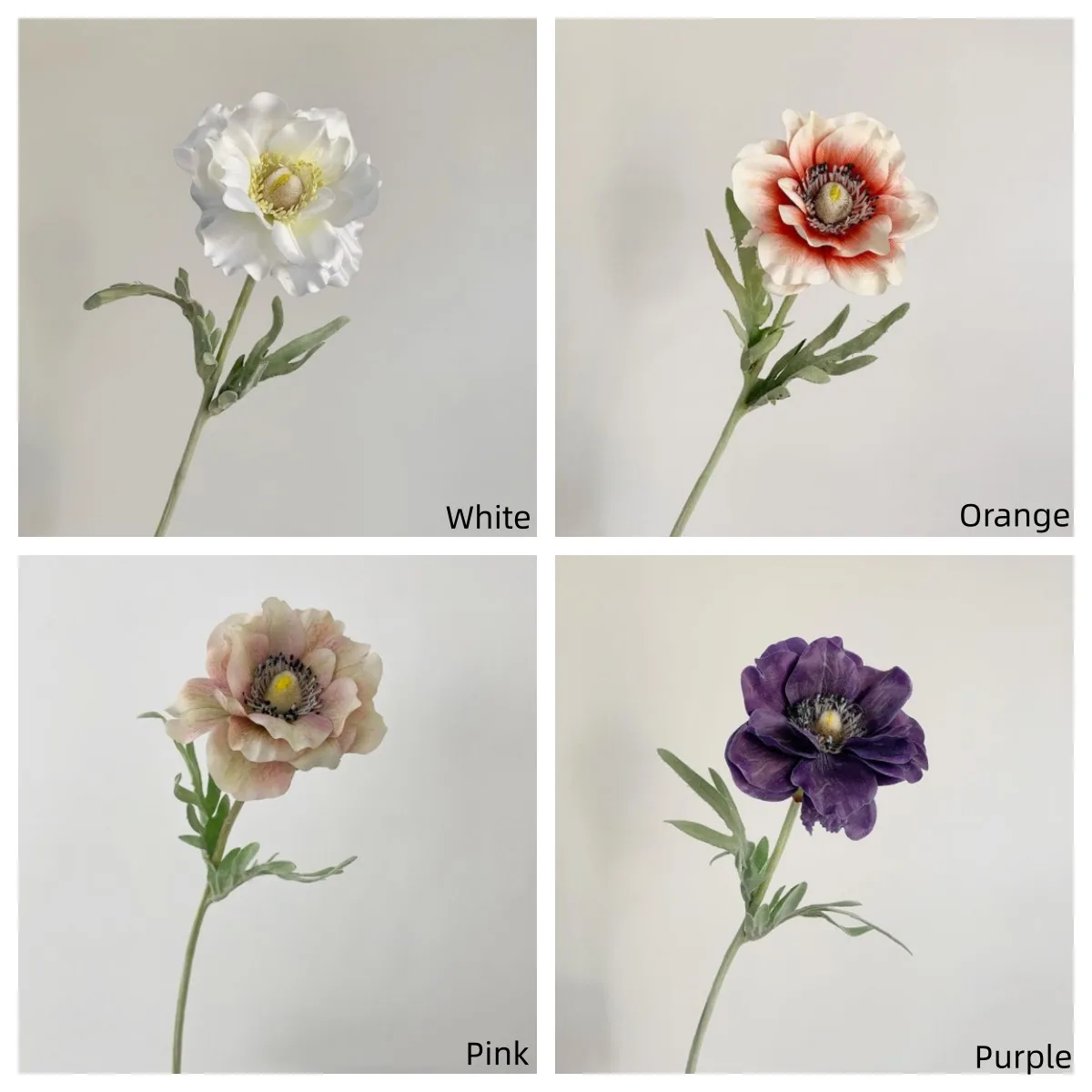 High Quality Artificial Silk Anemone White Flower Poppy Flocked Stem