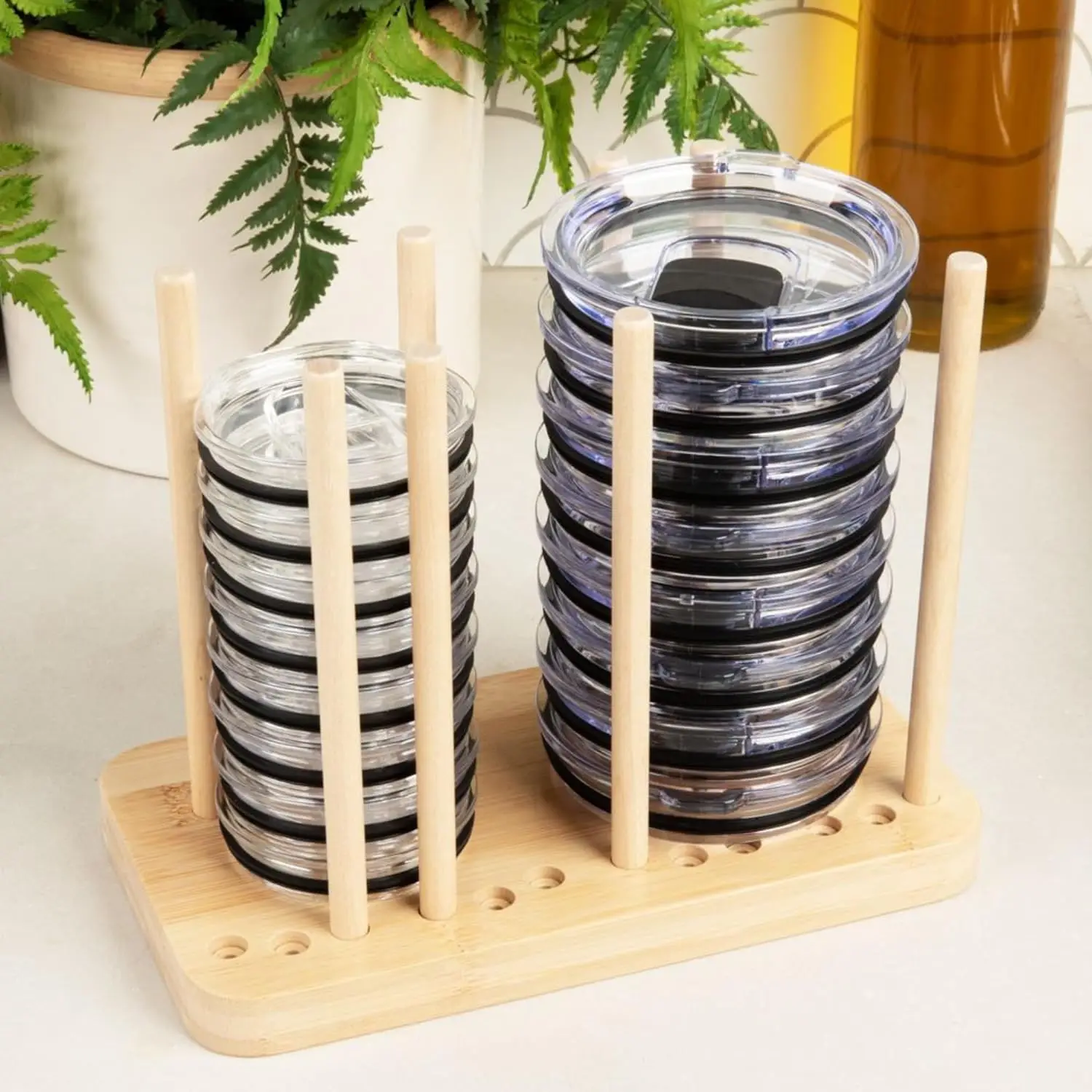 Water Bottle Lid Organizer Cup Lid Holder Stacker Adjustable Bamboo