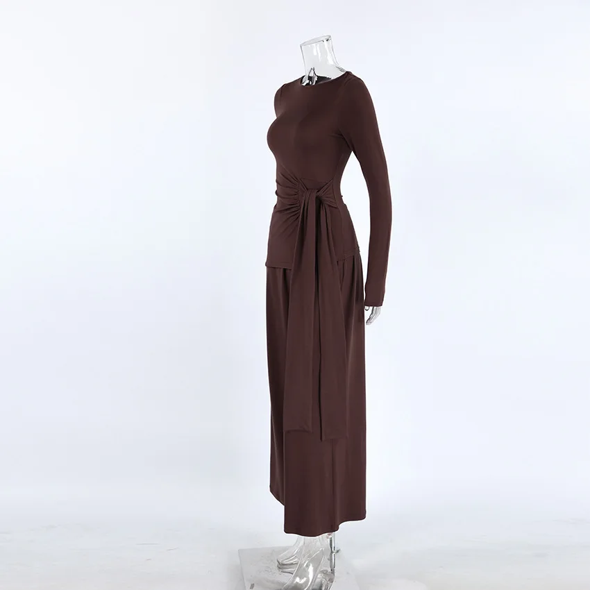 2026 Knitted Comfortable Soft Long-Sleeve Pajama Set for Women, Autumn Loose-Fit Brown Elegant Stretchy Ladies' Homewear — detail