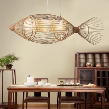 Handmade Eco Friendly Fish Hanging Light Rattan Lamp Bamboo Chandelier Ceiling Light For Decoration Fish Shaped Lantern