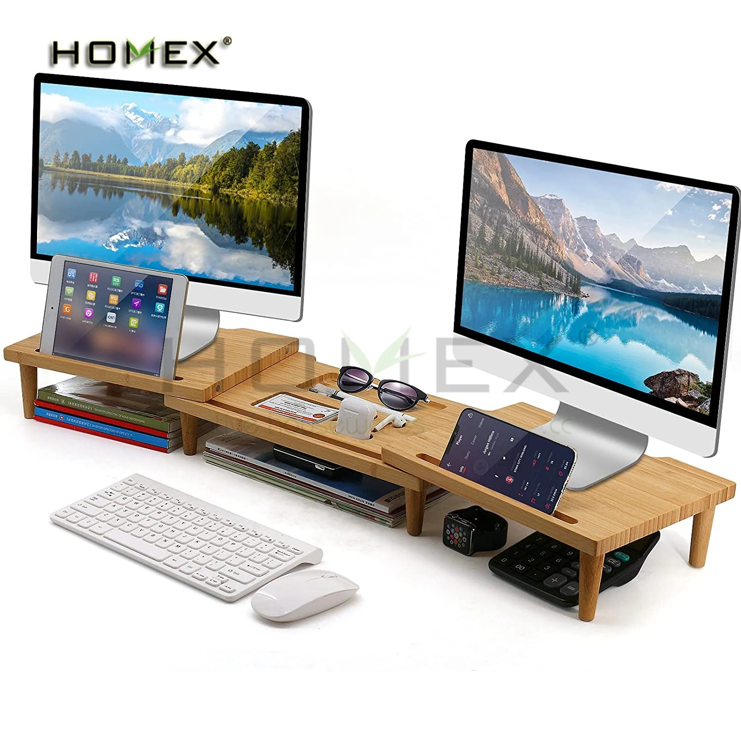 Bamboo Dual Monitor Stand Riser - Adjustable & Stylish