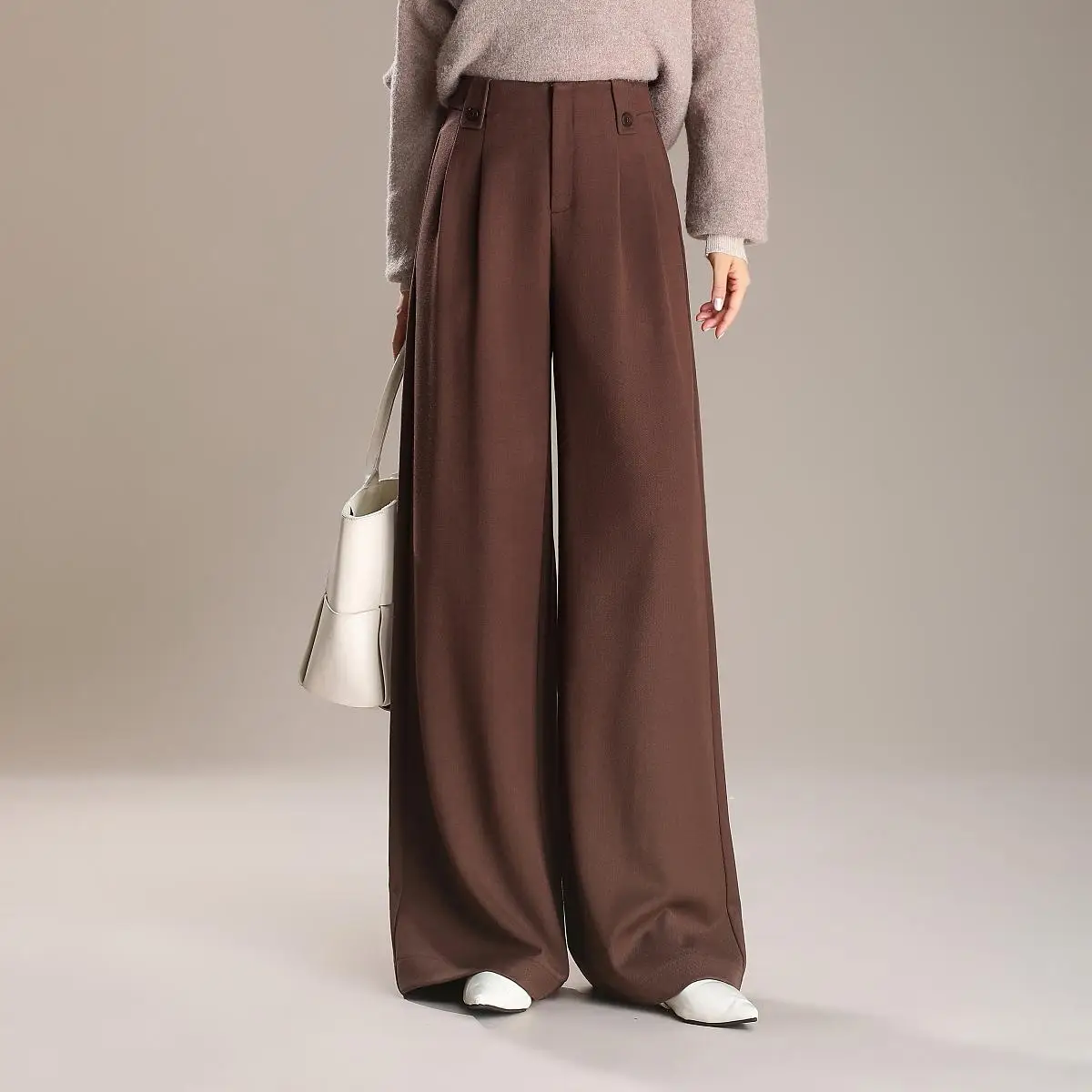 Women's High Mid Waist Office Pants Autumn Winter Wide Leg Straight Long Trousers for Ladies