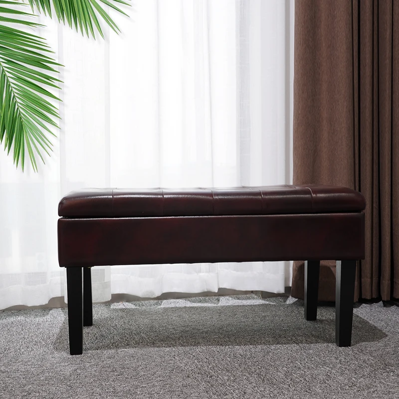 Custom Home PVC Fashion Stool Large Tufted Brown Leather Ottoman Coffee Table Hinge Storage Bench for Living Room
