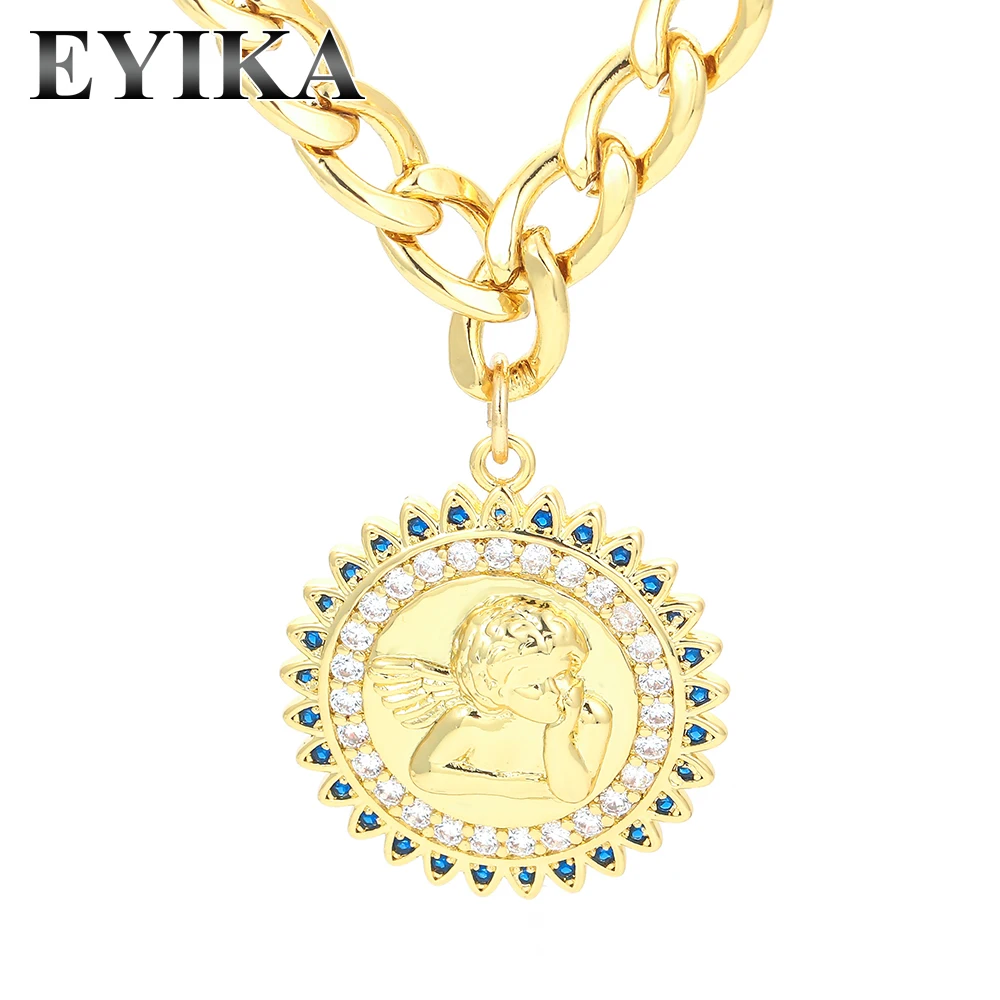 New Design Blue Zircon Big Round Angel Cupid Pendant Necklace with