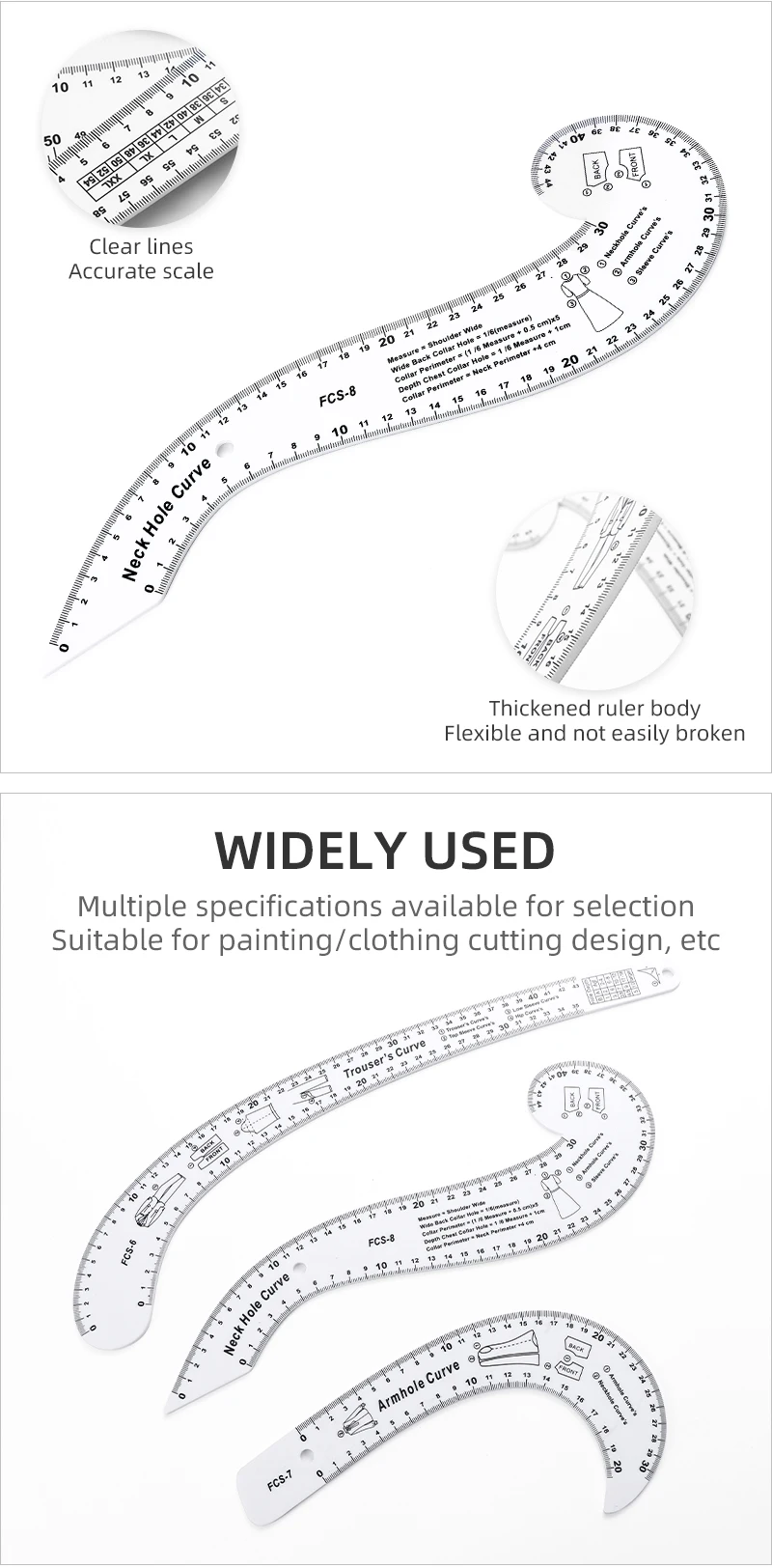 JP Acrylic French Garment Ruler Curve Ruler Set Scribing Wheel PVC ...