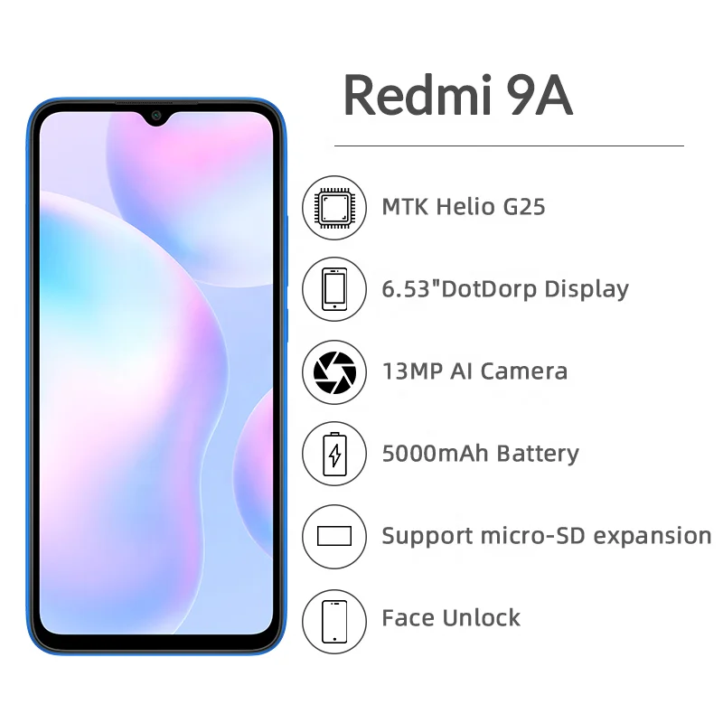 
Глобальная версия Xiaomi Redmi 9A 2 Гб оперативной памяти, 32 Гб встроенной памяти, смартфон 5000mAh аккумулятор большой емкости памяти, Процессор MTK Helio G25 Восьмиядерный 6,53 HD + дисплей 13MP камера AI 