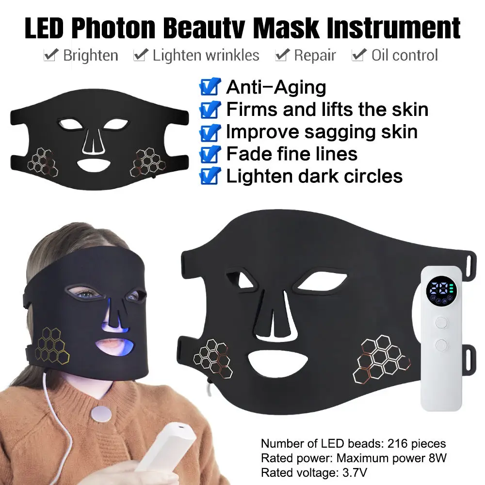 LED Therapy Mask Silicone Face Mask Red Blue Yellow Infrared Light Skin Rejuvenation Wrinkle Remover Anti Aging Acne Treatment_voghion.com