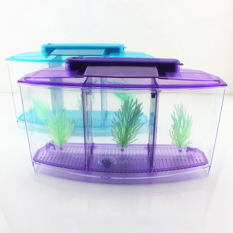 LED Light Aquarium Acrylic Three Splits Betta Fish Tank Triple Bow Fighting Isolation Hatch Breed Box Blue Purple