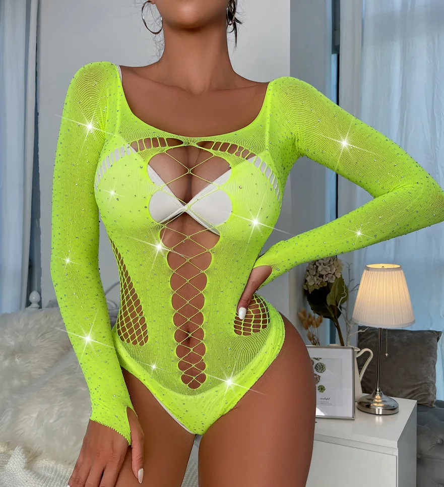 Women Sexy Body Suits Rhinestone Long Sleeve Fishnet Transparent Bodysuit  Erotic Clothes Female Hollow Shiny Diamond Bodysuits