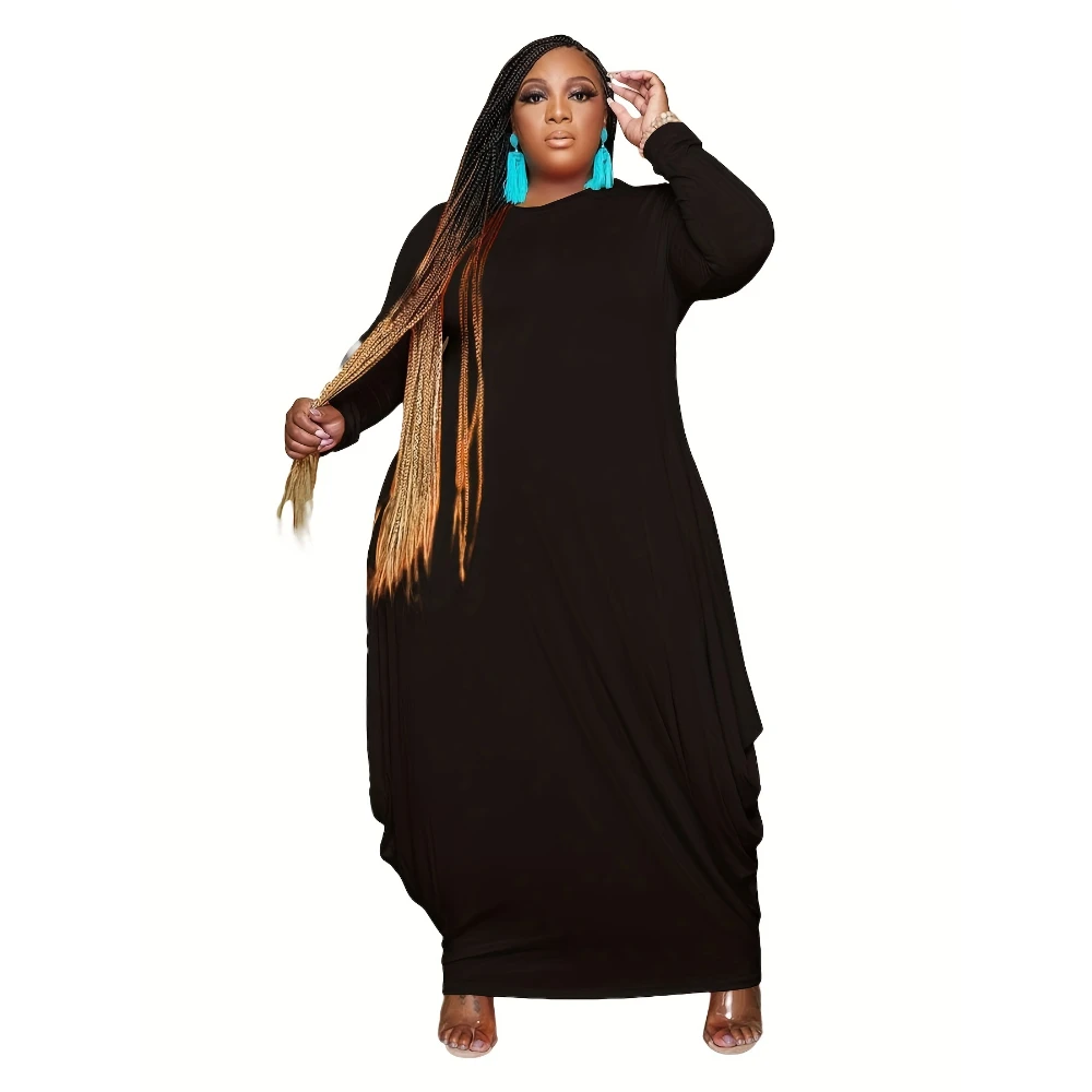 sachin and babi light blue dress Plus Size Round Neck Long Sleeve Maxi Dress with Pockets Floral / 2X