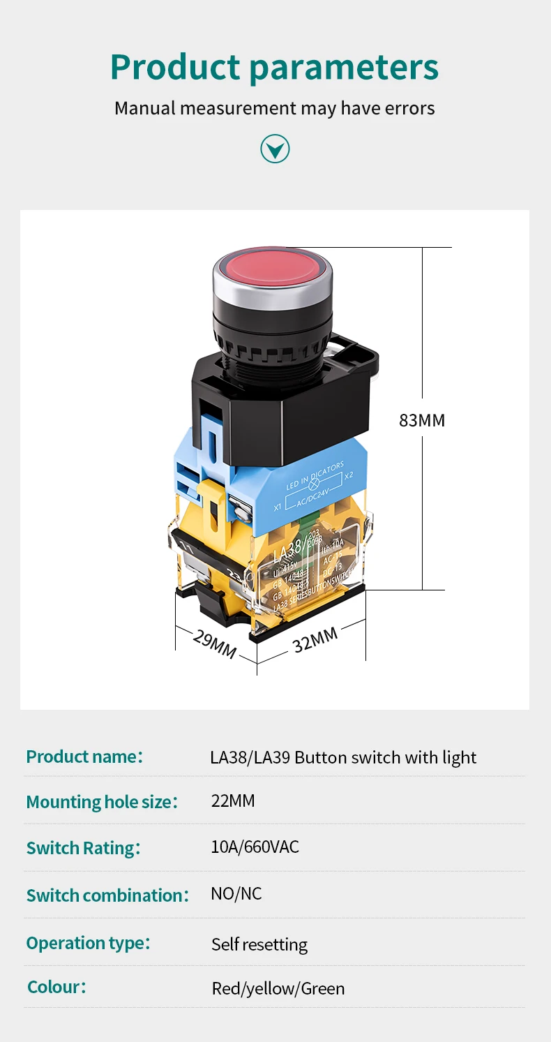 LA38-11D Self-Locking Self-Resetting 22MM Brass Mechanical Momentary Button Switch 10A Max. Current 1NO1NC Screw Terminal