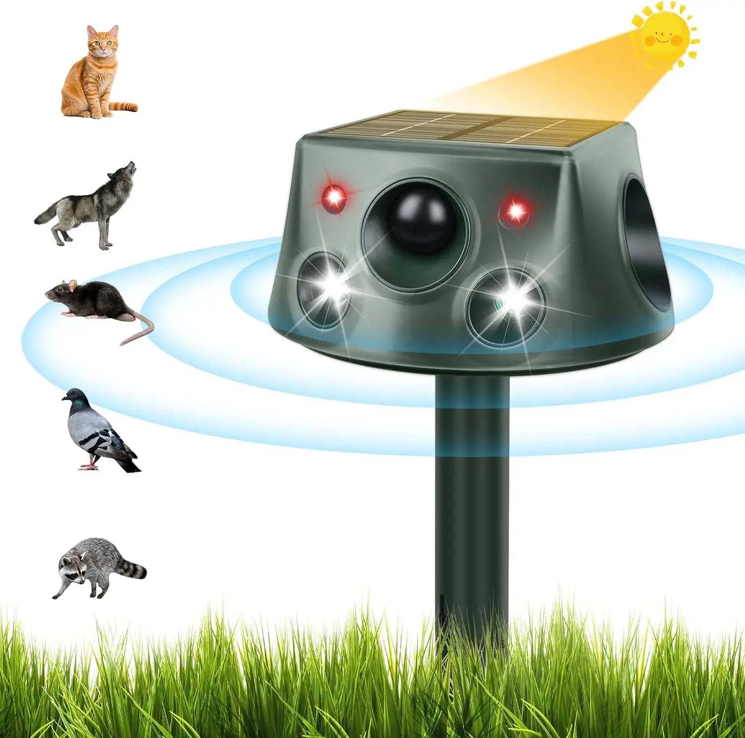 Rechargeable Running Deer Ultrasonic Solar Animal Repeller 6 Modes Motion Sensor Flashing Light for Yard & Garden