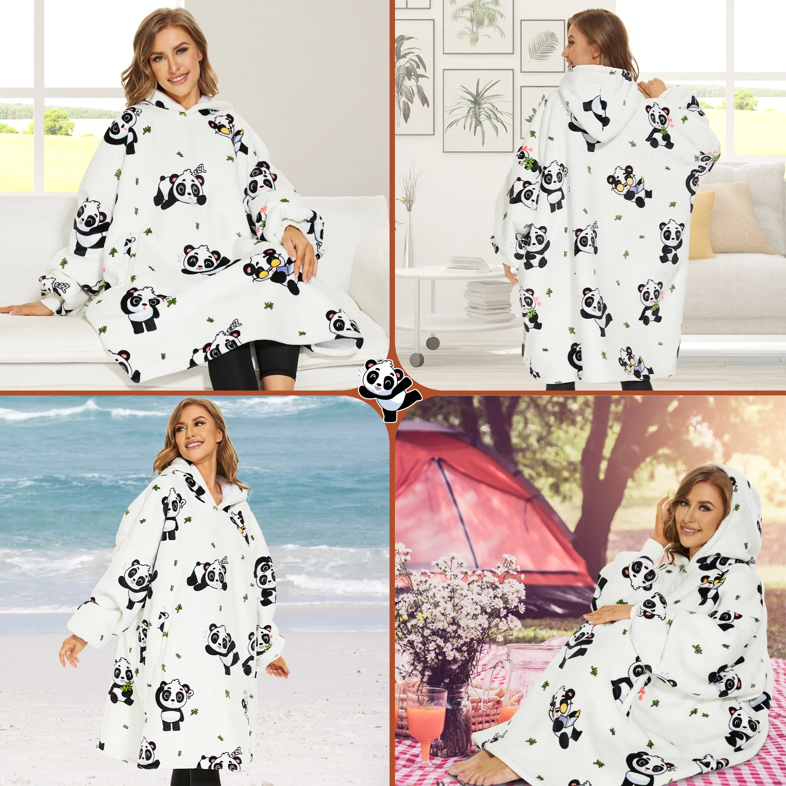 Original Factory Custom Panda Print Oversized Sherpa Adult Sweatshirt Wearable Mens Womens Hooded Hoodie Blanket