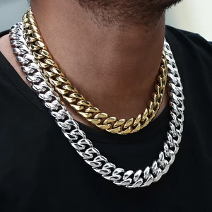 18K Gold Plated 18mm Stainless Steel Miami Cuban Link Chain Necklace Bracelet Hip Hop Style with Zircon Stone Claw Setting Inlay