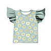 Light Mint Green Ruffle Sleeve Hand Drawn Daisy Print T-shirt