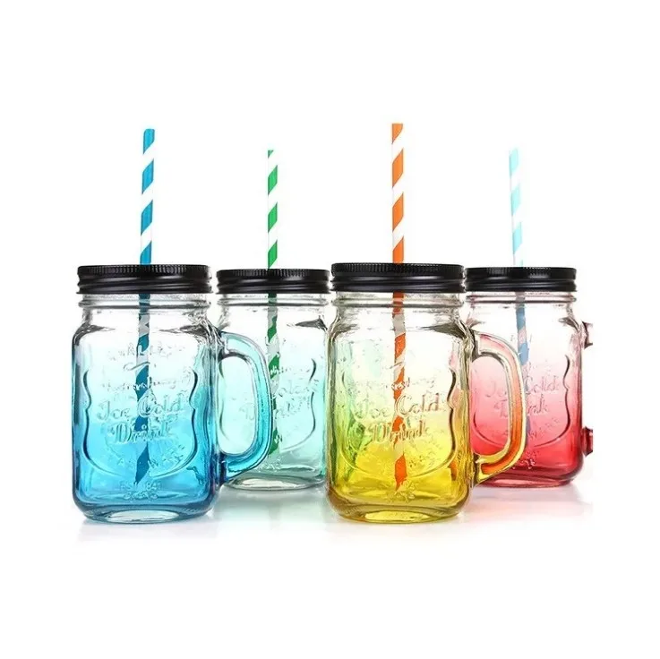 16 oz Glass Mason Jar 500ml Wide Mouth Drinking Water Cup with Handle round Shape 120ml Capacity Screw Cap Sealing