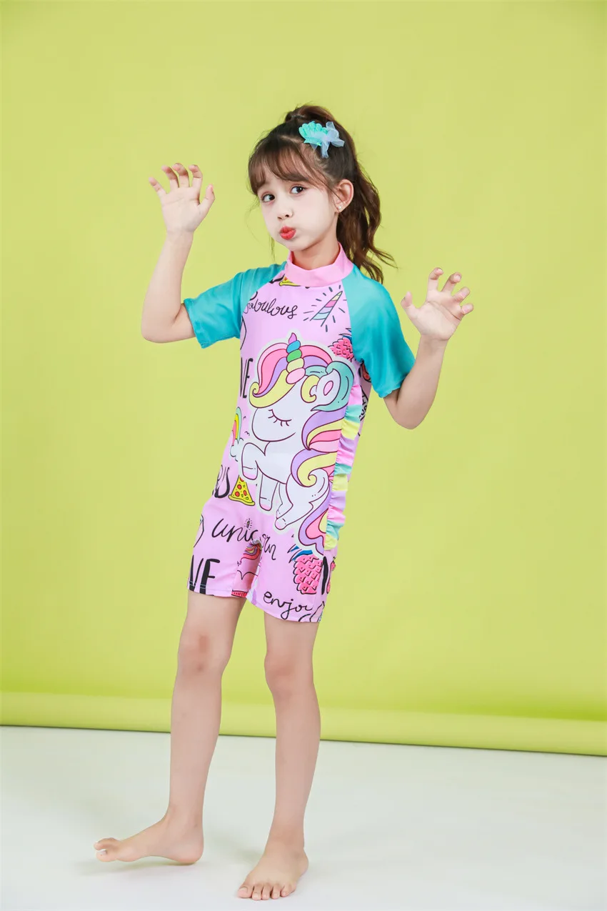 Kids Swimsuit 2024 Girls Swimsuit Cover Up Unicorn Design Short Sleeve 