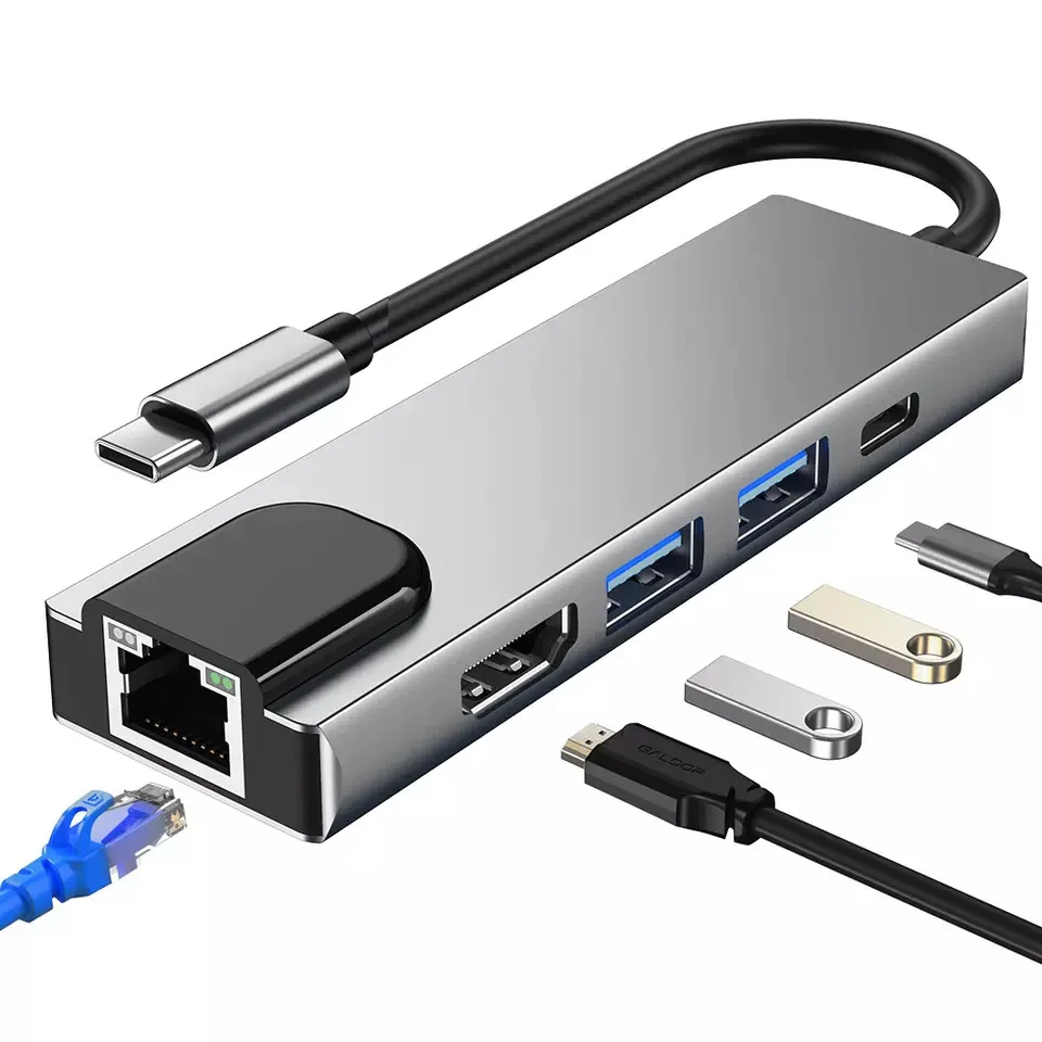 5 in 1 Type C Hub to HDTV RJ45 LAN Ethernet 2 USB 3.0 Ports and Power Delivery Port for MacBook Pro M1 M2 M3