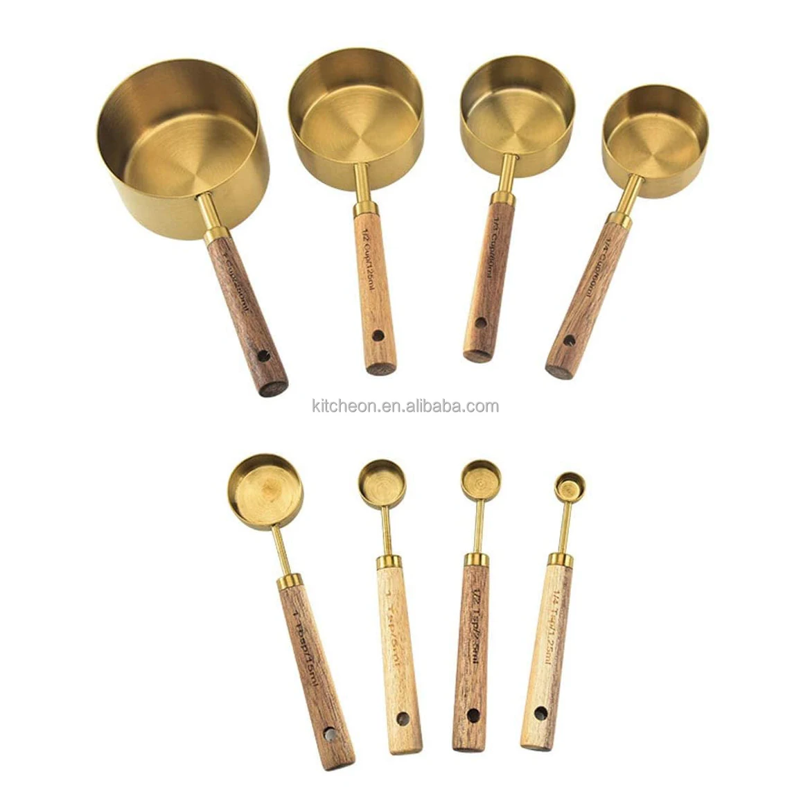 Hot Sale Set of 8 Golden Measuring Cups and Spoons with Wooden Handle ...